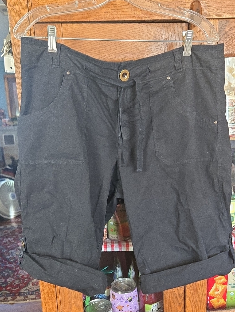 fresh produce, Cargo/Bermuda Black Shorts, Drawstring waist, Roll Tab hem